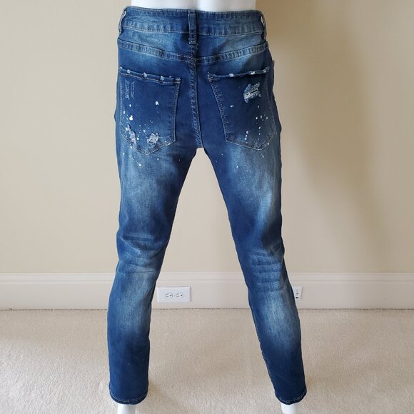 Kunmi Dark Wash Splash Ink Ripped Frayed Rag Stitching Jeans SZ L - Picture 5 of 9
